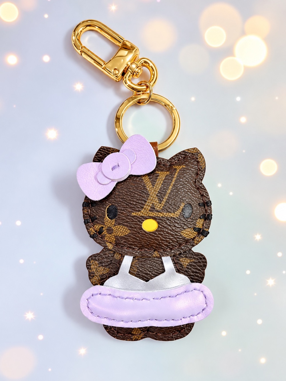 Handmade HK Style Upcycled Leatherette Keychain Charm in Brown and Lavender